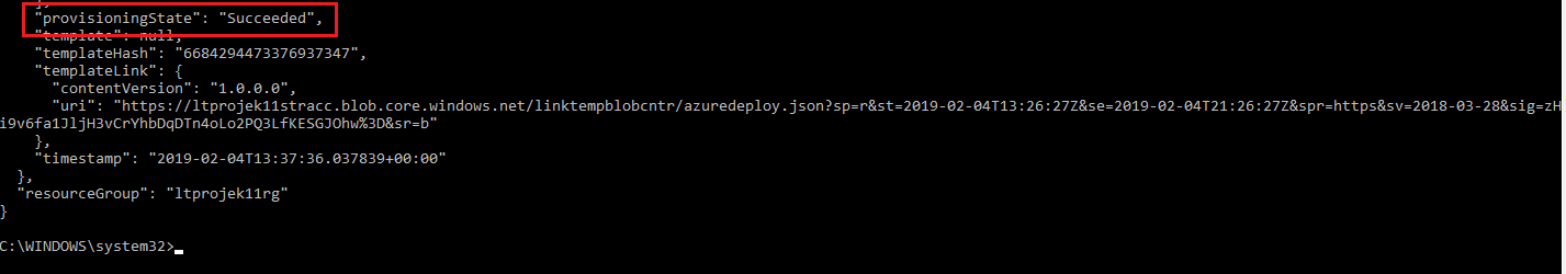 Screenshot of Azure CLI command output with the provisioning state highlighted as being successful.
